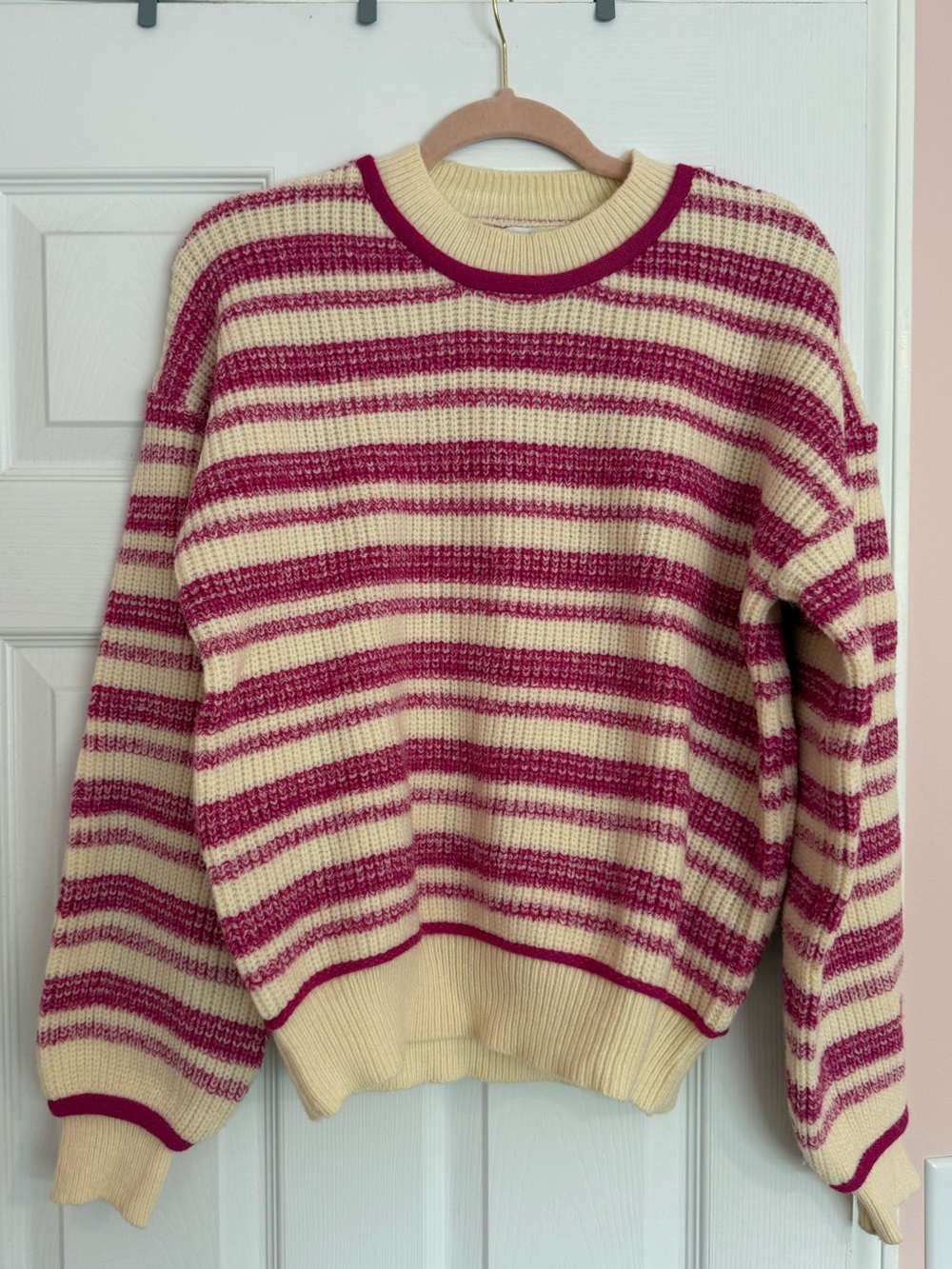 Vestique Cream and Pink Striped Crewneck Sweater